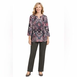 Southern Lady XL Boho Patchwork 3/4 Sleeve Blouse + Gray Dress Pants Outfit